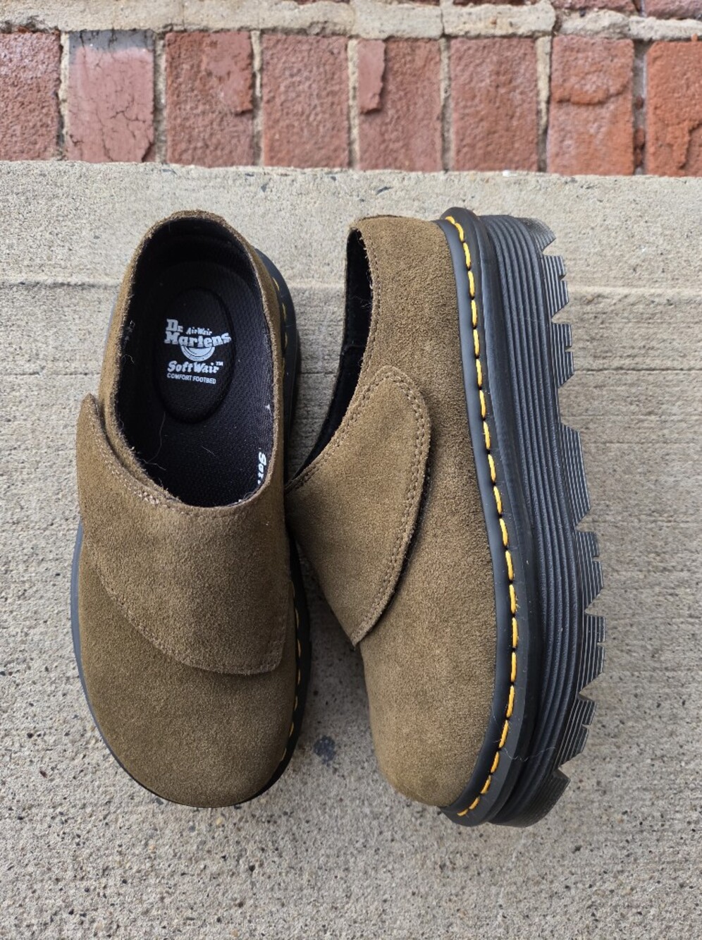 Dr. Martens Olive Suede Slip-On Clogs with Yellow Stitching - Picture 2 of 3